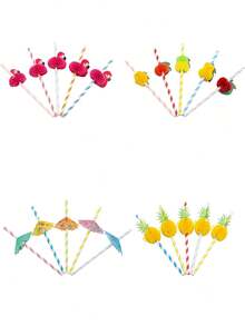 水果图案纸吸管、热带派对套装、夏威夷吸管和 3D 水果伞、纸质西瓜和菠萝鸡尾酒装饰、带有节日 3D 蜂窝支架的夏季派对配件，可用于生日派对装饰、饮料和圣诞礼物 - 彩色 - 查看 7