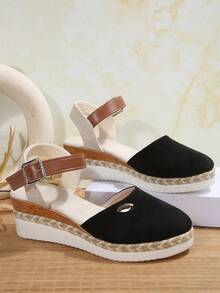 Women's Plus Size Closed Toe Chunky Platform Back Strap Black Sandals, New Summer Splice Color Elastic Band Rope Bottom Roman Style Sandals - Black - View 7