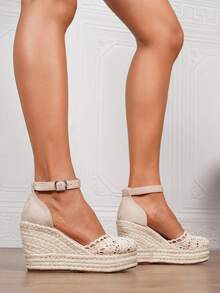 女士纯色简约系带帆布鞋，度假米色绒面革草编平底鞋，黑色坡跟厚底一脚蹬波西米亚编织系带沙滩/婚礼户外凉鞋，四季皆宜 - 杏色 - 查看 8