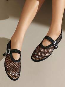 Women Ballet Flats Sandals Slip On Mesh Buckle Mules Casual Comfy Beach Vacation Fishnet Ballerina Shoes Woman - màu đen - Xem 3
