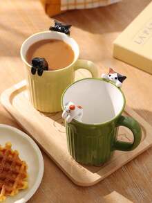 DearDali 1pc 300ml Hand-Painted Embossed Cat Ceramic Coffee Mug, Cute For Women, For Microwave, Ideal For Coffee Lovers, Creative Birthday/Wedding Gift - Green - View 7