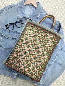 Thickened Bamboo Handle Embroidered Large Capacity Tote Bag, Textured, Fashion Commuter Bag For Daily Use, Perfect Gift - Green - View 3