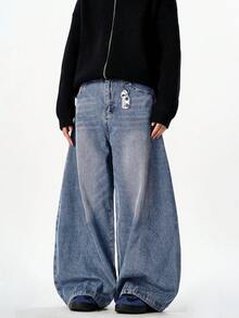 1条Justice Brother复古水洗宽松阔腿牛仔裤，时尚百搭美式风格 - 淺色水洗藍 - 查看 2