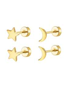 2 Pairs Flat Back Earrings For Women Men,Cartilage Earring For Simple Classic Star Moon Stud Earring - Gold - View 10