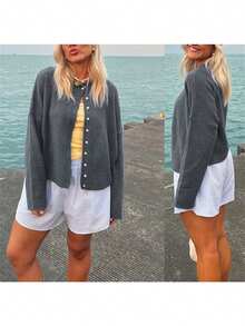 Women's Solid Color Knit Cardigan Fuzzy Long Sleeve Button-Front Closure Sweaters - Grey - View 2