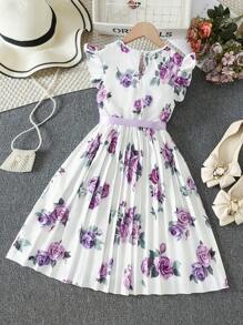 Vestido Floral Cinto Estampado para Meninas, Primavera/Verão