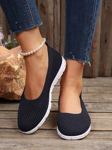 Casual Breathable Slip-On Flat Shoes, Summer New Round Toe Walking Shoes, Fashionable Versatile Comfortable Lightweight Fabric Shoes - Navy Blue - View 6