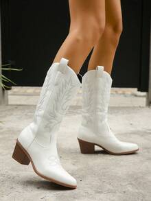 Tropiscape 女士中筒高跟刺绣粗跟V型开口时尚户外派对西部牛仔靴万圣节 - 白色 - 查看 9