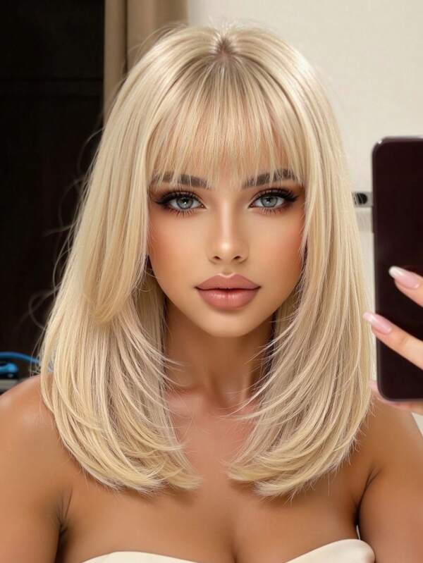 Comfortable Natural Bend 14-Inch Blonde Short Bob Wig With Bangs Layered Fashion Wig For Women Synthetic Fiber Wigs Perfect For Holiday Travel Family Gatherings Everyday Wigs