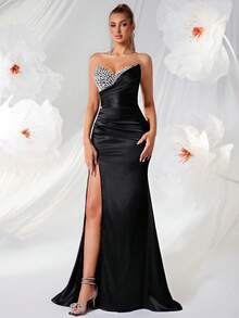 ADYCE Small V-Neck Asymmetric Rhinestone Embellished High Waist Slit Open Back Tie-Up Ball Gown Evening Party Dress - Black - View 5