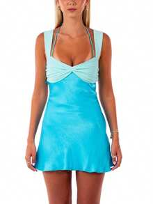 Women Sleeveless Mini Dress Summer Casual Contrast Colors Tie Up Backless Ruched Party Dress For Beach Club Streetwear - Màu xanh lam - Xem 6