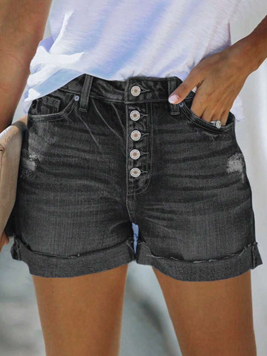 Women's Casual Distressed Button Denim Shorts - 灰色 - 查看 1