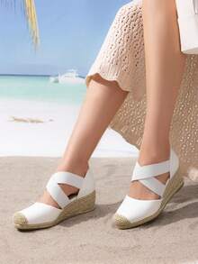 Womens's Wedges Sandals Close Toe Espadrilles Platform Slip On Elastic Cross Straps Dressy Wedges Sandals White Sandals Matching Dress - 白色 - 查看 4