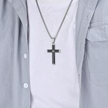 Collar con colgante de cruz de acero inoxidable negro con borde biselado de Rnivida para hombres - Plata-22" - Ver 6