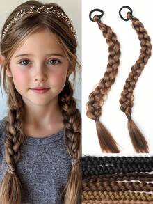 2PCS 18 Inch Boxing Braided Hair Extensions For KIDS Synthetic Long Twist Braid Ponytail Extensions With Rubber Band Daily Use - Gold - View 2