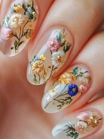 Transform Your Nails With 24 Pcs Of Almond-Shaped Press On Nails Gift Box Spring Flower Fairy New Chinese Three-Dimensional Embroidery Gold Branches Jade Leaves Rich And Rich Peony National Style Ancient Charm Gift, Banquet Portable Fake Nails With Jelly Glue 1 Piece File Strip 1