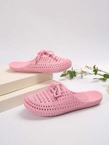 新款时尚透气舒适女士塑料拖鞋，夏季休闲防滑纯色镂空可爱绑带凉鞋，软底轻便防水拖鞋，沙滩装 - 粉色 - 查看 5