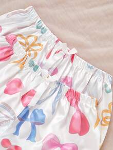 Set de 3 piezas de pijama con shorts y pantalones de mujer con bolsillo y estampado de lazo, apto para primavera, verano y otoño - Multicolor - Ver 5