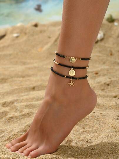 3 Stücke/Set elegantes Glas-Perlen Fußkettchen, bunte Seestern- & Muschel-Anhänger, mehrschichtiges Stretch-Perlen-Fußkettchen, Sommerstrand-Stil, geeignet für Alltag und Urlaubszubehör, ganzjährig (zufällige Farbe & Menge)