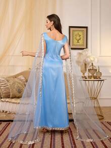 Women's Square Neck Glamorous Mesh Lace & Sequin Panel Dress - Blue - View 2