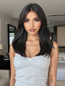 16英寸自然黑色刘海中长卷发合成耐热纤维假发，适合女性日常佩戴、派对、母亲节、音乐节等场合。 - 自然黑 - 查看 2