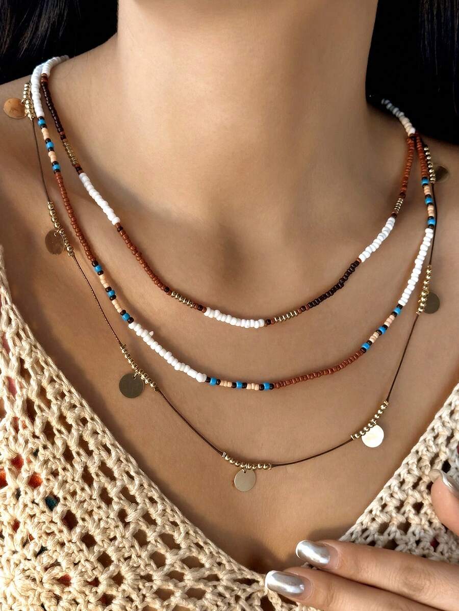 HOTNICE 3 PiecesBohemian Style Bead Necklace Set With Multiple Layers Of Collarbone Chains - Rice Bead Necklace - View 1