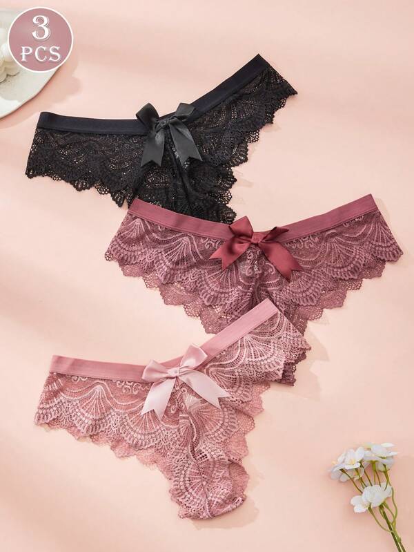 3 Pcs Sexy Women Thong Panties, Comfortable Semi-Sheer Lace Design With Bowknot Decor, Fashionable