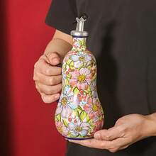 1 pieza Dispensador de aceite de cerámica, bomba de aceite de oliva de cerámica pintada a mano y asa, botella de aceite de cocina, patrón floral elegante, gran capacidad, accesorio de cocina, adecuado para la decoración de la cocina del hogar - Multicolor - Ver 5