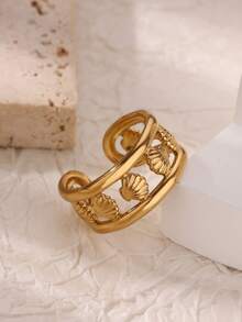 1 件时尚人造水晶贝壳戒指女士金色不锈钢开口戒指海滩派对夏季珠宝礼物