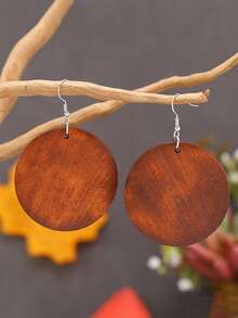 1 Pair Bohemian Vintage Wooden Round Geometric Earrings, Suitable For Daily Wear - Brown - View 5