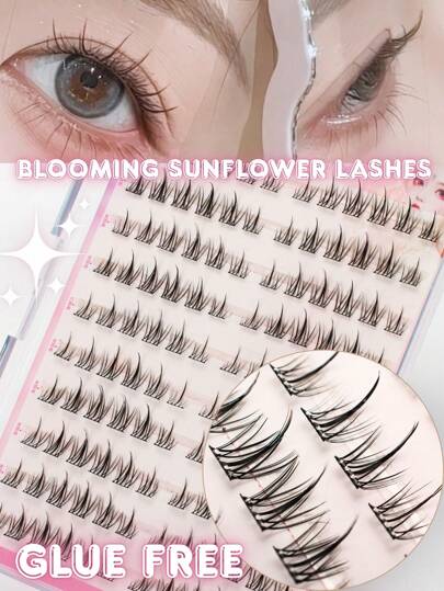120PCS C Curl Sunflower Lashes Natural Look False Eyelashes – No Glue Needed, Lightweight Daily Wear, Reusable, Easy 3-Second Application, Self-Adhesive No Glue False Eyelashes – Instant 3-Second Press-On Lashes, Reusable With Strong Hold, No Messy Glue Needed Lash Clusters, Eyelash Clusters, Individual Eyelashes, Lashes, Fake Lashes