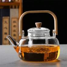1pc 33.81oz High Borosilicate Glass Large Capacity Handle Teapot With Tea Infuser Clear Glass Teapot Induction Brewing Tea And Health Pot With Wooden Parts For Home Or Kitchen Use - White - View 8