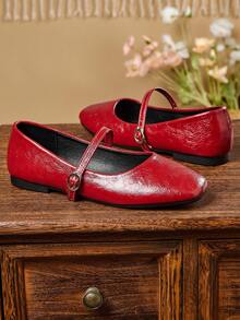 女士时尚方头一脚蹬平底鞋，舒适休闲百搭办公室女士户外鞋，高品质复古玛丽珍芭蕾舞鞋，适合春夏派对婚礼，红色