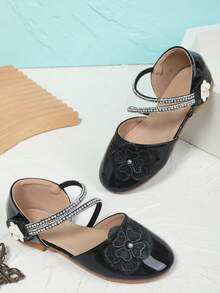 New Rhinestone Ribbons Knitted Flowers Ballet Shoes For Girls - Black - View 1