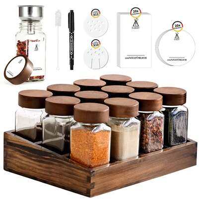 SAEIV Elegant Acacia Wood Tray Spice Rack With Glass, Wooden Spice Rack + 12 120ml Square Spice Jars, Spice Labels, Natural Spice Organizer, Spice Rack With Glass, Spice Organizer
