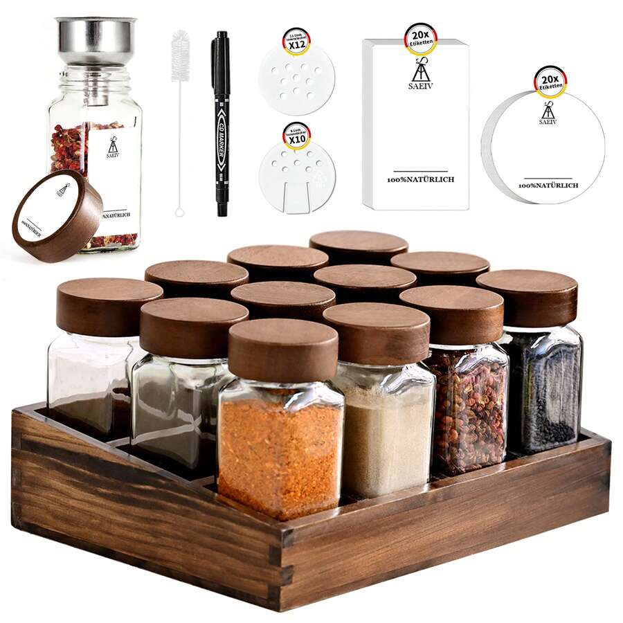 SAEIV Elegant Acacia Wood Tray Spice Rack With Glass, Wooden Spice Rack + 12 120ml Square Spice Jars, Spice Labels, Natural Spice Organizer, Spice Rack With Glass, Spice Organizer