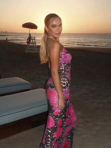 Autumn Women's Sexy Bodycon Leopard Print Maxi Dress, Blue Floral Contrast Color Backless Spaghetti Strap Elegant Party Dress, Women's Sexy Casual Party Club Evening Gown - Hot Pink - View 3