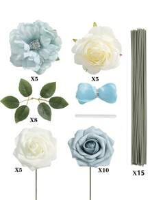 Artificial Flowers Combo Box Set Gradient Color Flower Leaf With Stems For DIY Wedding Bouquets Centerpieces Baby Shower Party Home Decor (Blue & White)