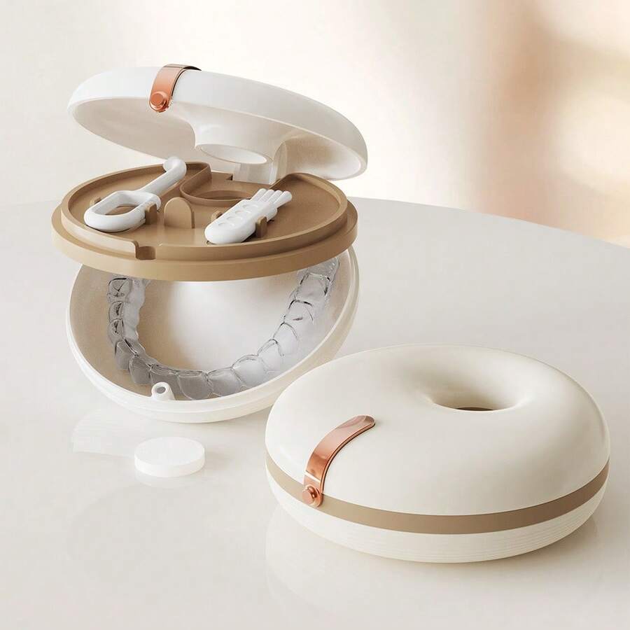 1pc Donut Shaped Dental Retainer Case With Hook Set, Invisible Retainer Teeth Alignment Retainer Storage Box, Portable False Teeth Container, Home Storage Box, Double Layer Dental Box, Round Retainer Case, Retainer Box, Invisible Aligner Storage Box, Travel Dental Protector Case