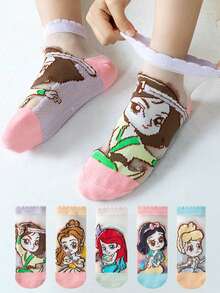 1/5 Pairs,  Princess Cartoon Pattern, Children's Socks, Cute Style, Mesh Breathable Material, Elastic Sock Cuff Design, Comfortable And Not Tight, Sweat-Absorbent And Breathable, Girls' Socks, Suitable For Daily Use, Travel, Leisure And Other Scenes In Spring