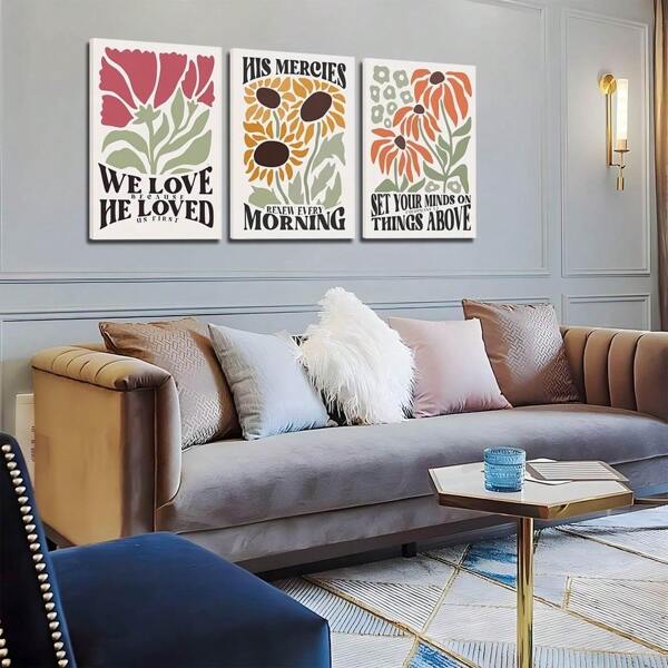 Conjunto de 3 cuadros con arte mural religioso con marco, impresiones de lienzo con versículos bíblicos inspiradores, decoración de pared con motivos florales para mujeres y adolescentes cristianas, ambiente de alta gama - Tres piezas enmarcadas