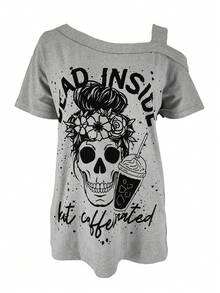Women's Fashion Sexy Casual Loose Off-Shoulder Short Sleeve Printed T-Shirt - Grey - View 2