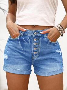 Women Casual Washed Buttoned Ripped Denim Shorts - Light Wash - View 4