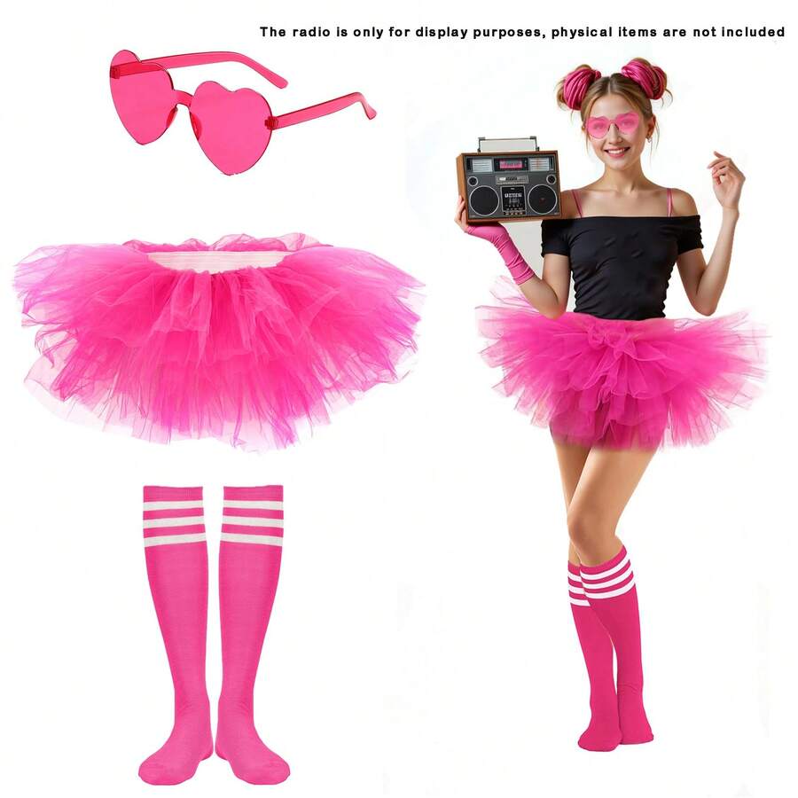 芭蕾舞裙女成人经典弹力五层狂欢节短款薄纱裙半腿袜配玫红色眼镜80年代女式舞蹈服装 - 彩色 - 查看 1