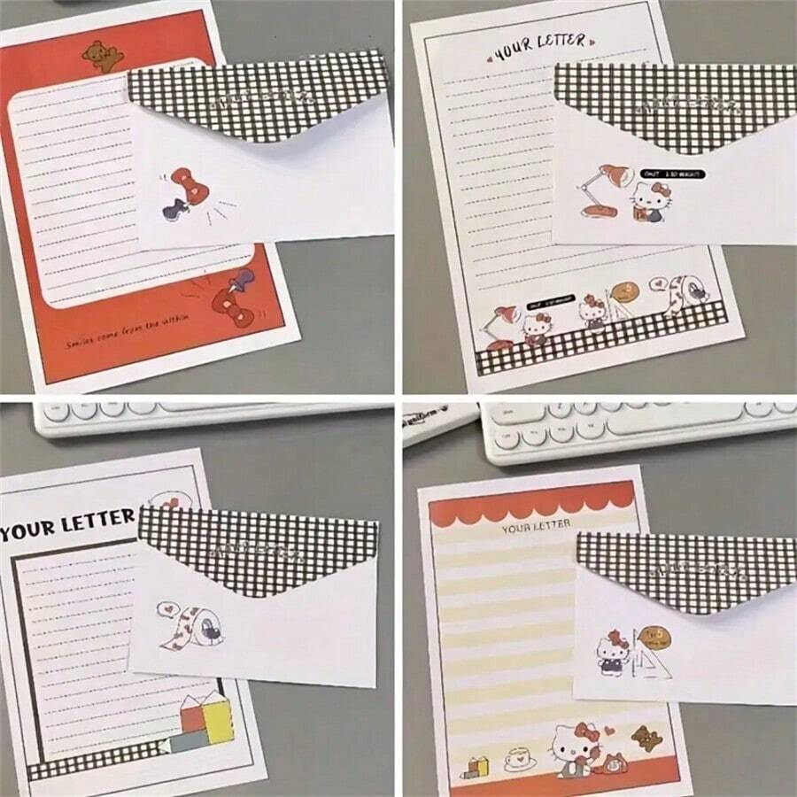 Sanrio [مصرح به] سانريو 8 قطع (4 أوراق خطاب و 4 مغلفات) مجموعة أوراق خطاب وأظرف بطابع القطة KT والزخرفة المنقطة ، طقم رسائل كرتونية أنمي جذابة، لوازم مكتبية وقرطاسية مدرسية