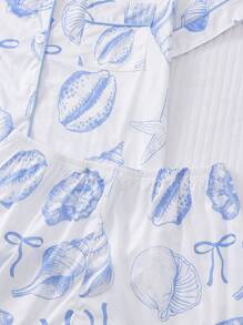 2pcs/Set Women's Ocean Shell Print Pajamas Set, Short Sleeve Shirt With Collar & Button, And Elastic Waist Shorts, Suitable For Holiday Party, Casual Everyday Indoor & Outdoor Wear