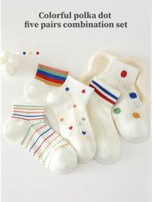 5 Pairs Princess Polka Dot, Ruffle Striped Colorful Lace Girls Socks - Breathable Comfortable Knitted Short Socks, Suitable For Outdoor Activities, Pink And White, Cute Socks - Multicolor - View 3