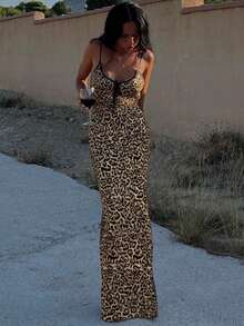 Leopard Print Tie Front Cami Bodycon Dress - Khaki - View 4