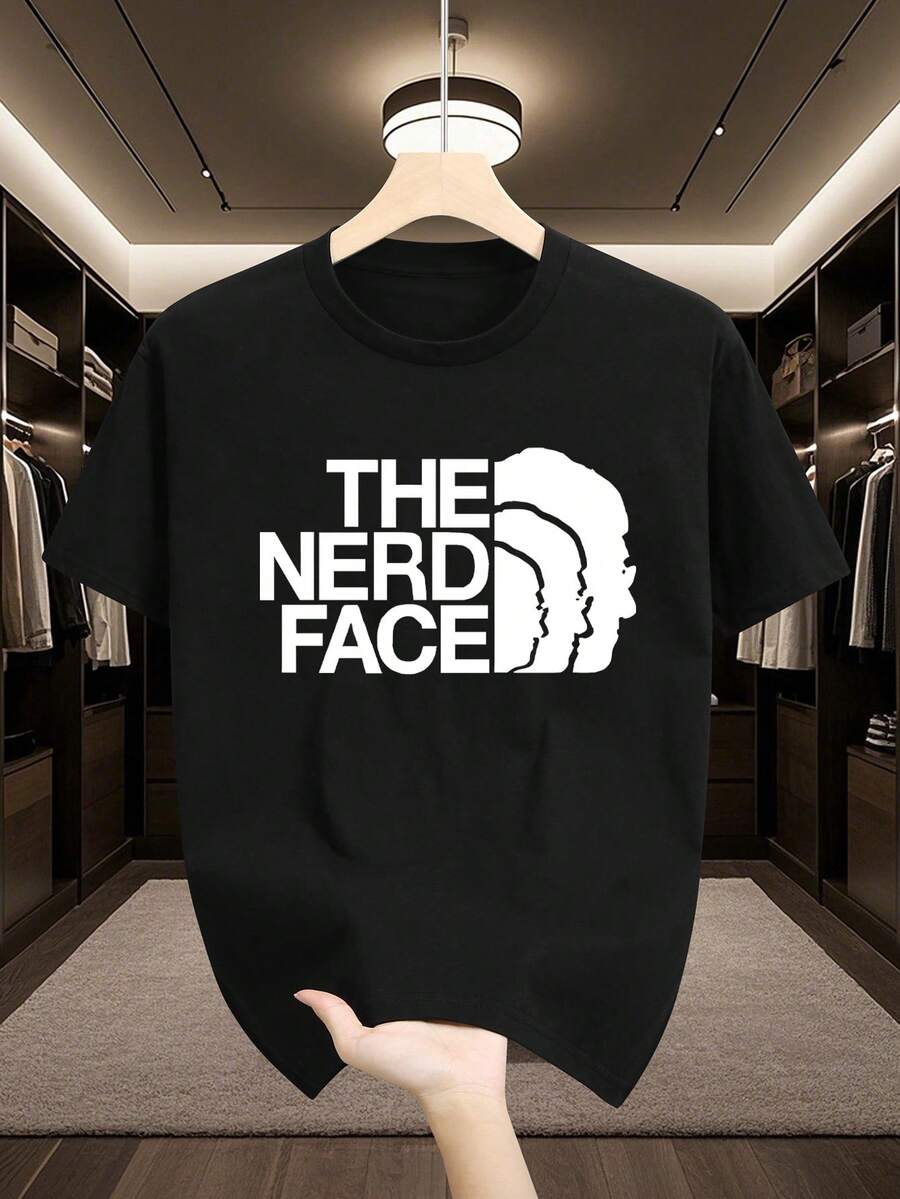 男士时尚书呆子脸图案T恤，适合夏季 - 黑色 - 查看 1