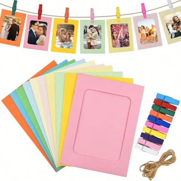 10pcs/Set Hanging Paper Photo Frames Diy Album Colorful Picture Wall, Party Decor With Clips And Ropes Gifts Birthday Graduation